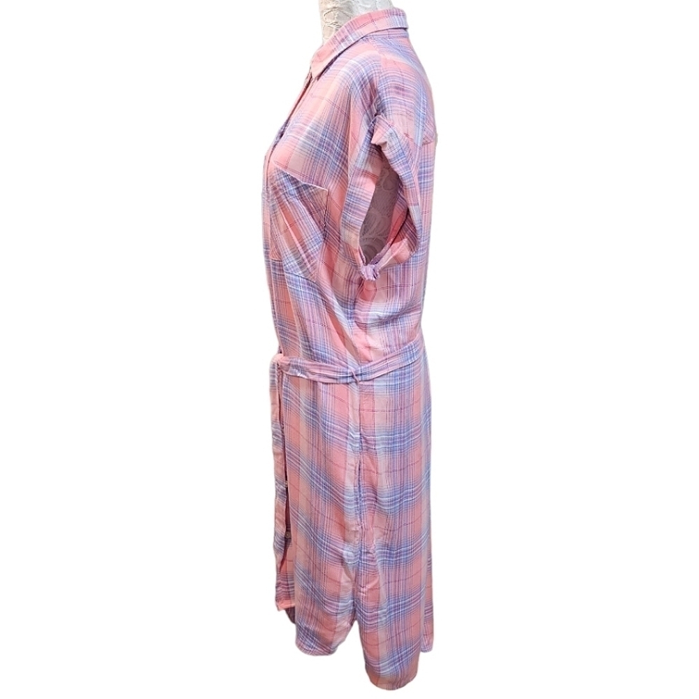 GAP Pink Plaid Button Up Shirtdress Size Medium Tall Belted Lightweight Rayon - Picture 3 of 9